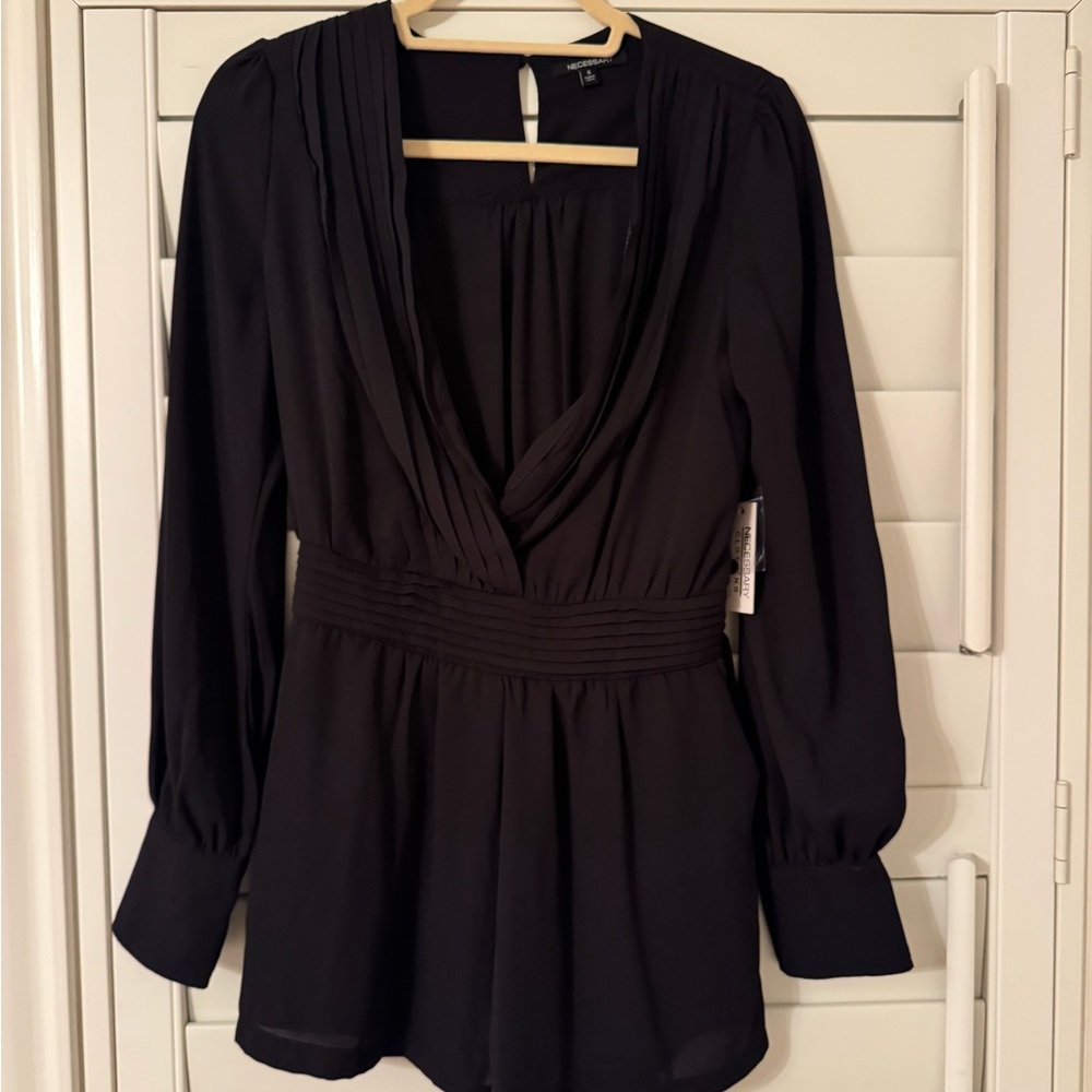 Necessary Clothing Black Wrap Fitted Long Sleeve Blouse